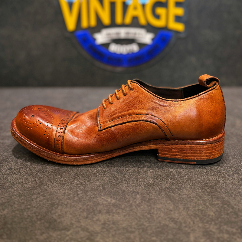 高端水洗纯圆头层植鞣牛皮鞋男款通勤英伦风布洛克德比鞋复古真皮 - 图1