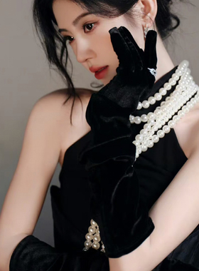 鞠婧祎同款礼服手套复古黑色赫本风金丝绒弹力新娘婚礼宴会高级感