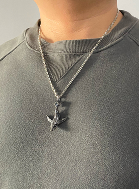 梅卡s925纯银鲸鱼吊坠原创做旧项链吊牌小众复古潮牌个性项链挂件