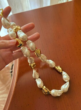 巴洛克珍珠项链女深海贝珠颈链金属镀金毛衣链时尚个性女生日礼物