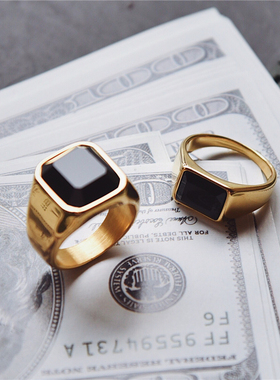 ins黑色宝石简约个性嘻哈戒指