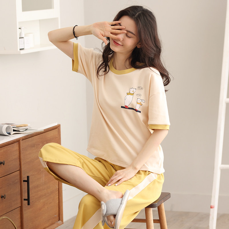 夏季纯棉短袖长裤套头简约可爱睡衣 索纳茜睡衣/家居服套装