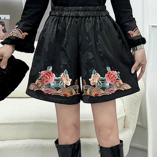Ethnic style elastic waist heavy embroidered shorts for women