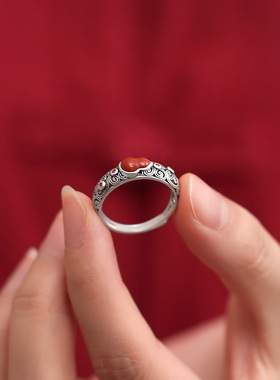 陌图个性和田玉戒指女纯银设计小众国风葫芦南红可调节戒指女首饰