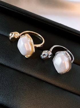 真金电镀不规则椭圆形珍珠开口戒指欧美设计食指戒时尚创意耳饰女