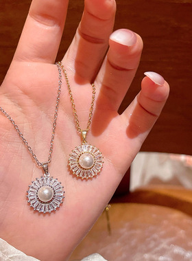 跨境爆款精致微镶大锆石吊坠项链女小众百搭气质高级感珍珠锁骨链