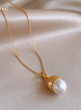 18k真金电镀锆石切面珍珠项链轻奢小众锁骨链法式复古气质项饰女