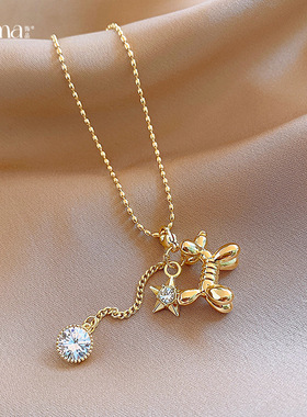 14k真金电镀锆石星星小狗项链配饰女时尚毛衣链轻奢感项饰品