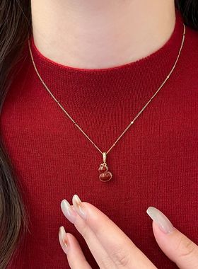 新中式复古锆石红色滴油葫芦吊坠项链配饰女简衣链轻奢感项饰