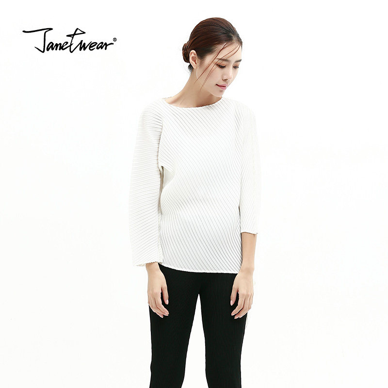 三宅褶皱一生秋装中袖雪纺衫ol t恤 janetwearT恤