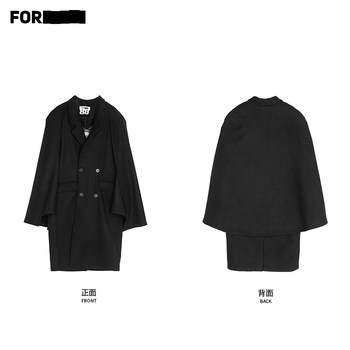 FOR Made by Heart Autumn and Winter Cape Style Black Wool Thickened Four-button Straight Coat for Men and Women 209060