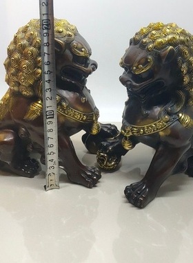 古董文玩纯铜紫铜鎏金狮子门狮一对家用大门摆件复古收藏老物件