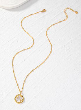 时尚天然白贝纹理项链简约黄铜镀18K金气质小众法式吊坠