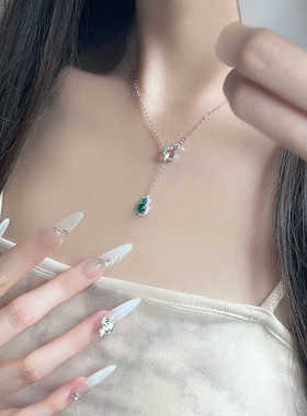 新中式玉髓葫芦型吊坠项链女S925纯银翡翠小众气质国风锁骨链绿色