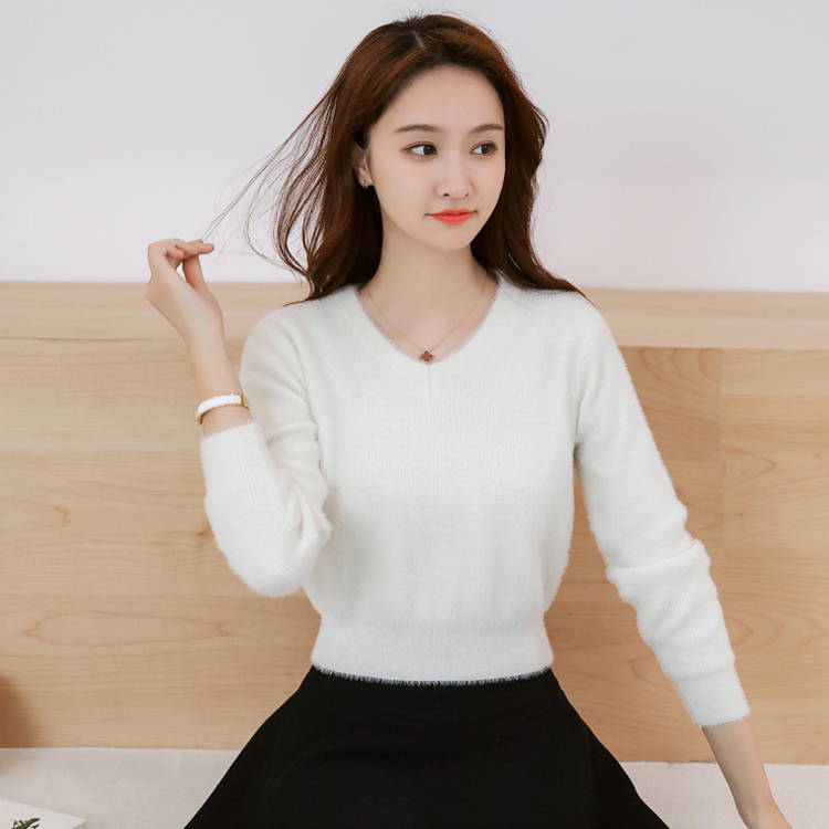 水貂绒毛衣女秋冬套头加厚 高腰短款上衣宽松小个子内搭v领打底衫 - 图1