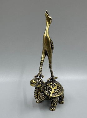 古玩杂项实心纯铜龙龟仙鹤茶宠小摆件龟鹤延年古玩铜雕件老物件