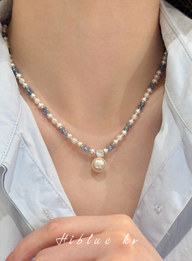 海蓝蓝蓝色串珠珍珠吊坠项链