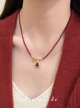 海蓝蓝红色串珠玛瑙葫芦碎银项链