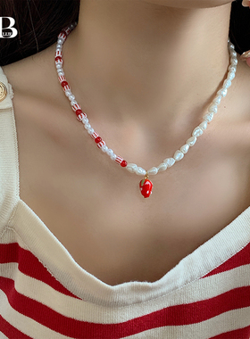 可爱红色串珠珍珠项链