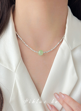 海蓝蓝绿色玛瑙串珠碎银子项链