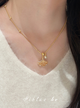 海蓝蓝银杏叶吊坠施家珍珠项链