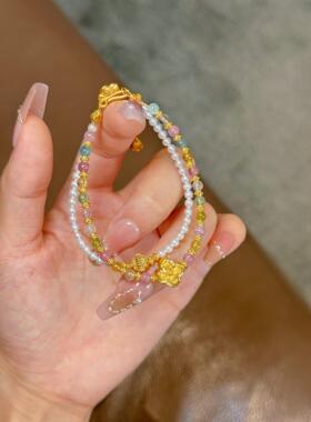 足金999紫荆花双层双圈黄金手链天然淡水珍珠手串生日礼物