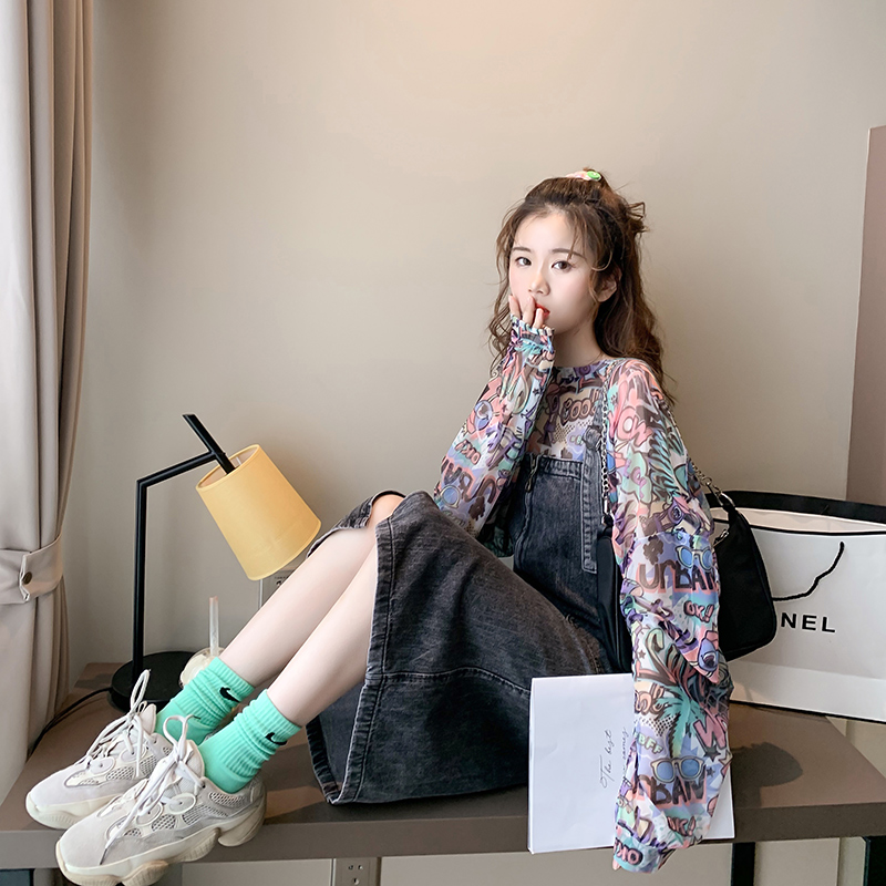戚米旗舰店新款夏天薄款温柔风长袖雪纺防晒衫女印花灯笼袖洋气甜美上衣0
