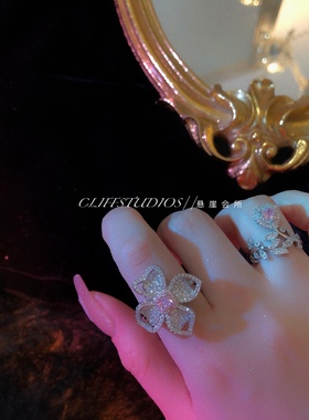 宝石花瓣戒指粉钻爱心镀金可调节