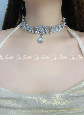 悬崖会所水钻锆石珍珠choker项链