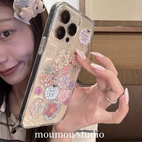 日韩彩色花朵蝴蝶纽扣适用苹果16 17promax手机壳iPhone14 15新款13挂件软壳12滴胶软壳11全包防摔16e保护套 - 图3