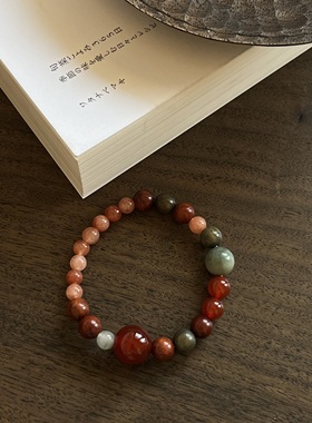 天然石红玛瑙檀木太阳石国风手链