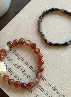 串珠黑云母竹节象牙古醒狮手链