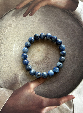 天然蓝晶石老矿料蓝绒晶猫眼手串