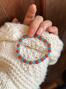 微雨洗山月 原创自制串珠天然红玛瑙圆珠搭配海蓝宝小方块项链