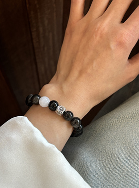 中式国风黑曜石搭配沙金手串手链