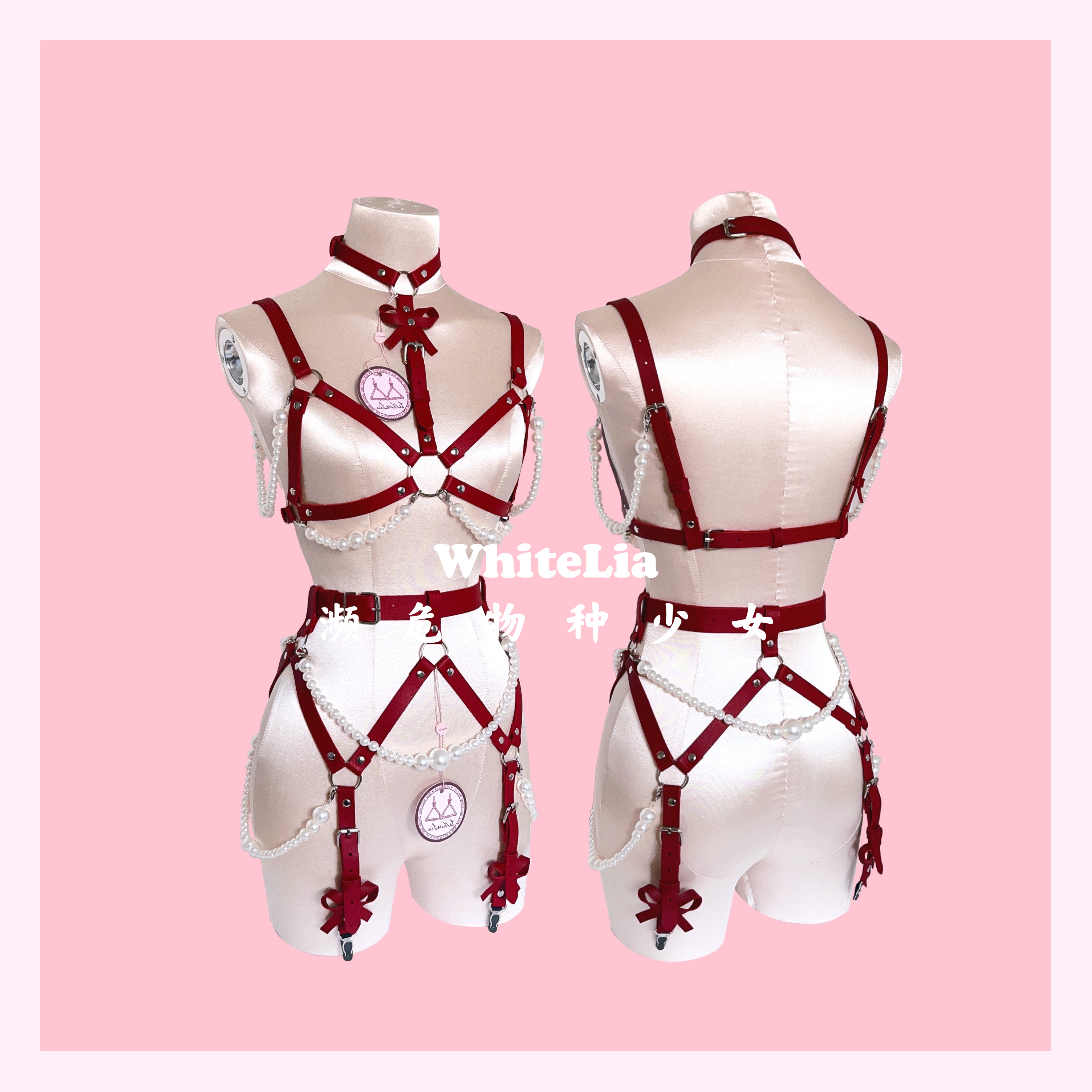 WhiteLia 原创设计 蝴蝶结性感可爱外穿珍珠胸衣束缚皮质吊袜带 - 图0
