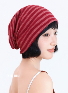 张元英同款秋冬条纹包头帽女