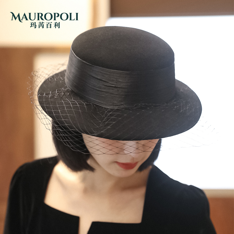 羊毛平顶优雅名媛秋冬新款蕾丝帽子 mauropoli帽子