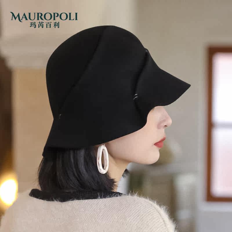 渔夫帽冬季羊毛黑色复古毛呢帽子 mauropoli帽子