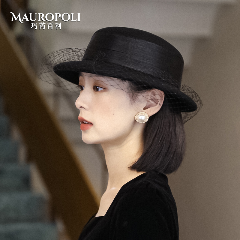 羊毛平顶优雅名媛秋冬新款蕾丝帽子 mauropoli帽子