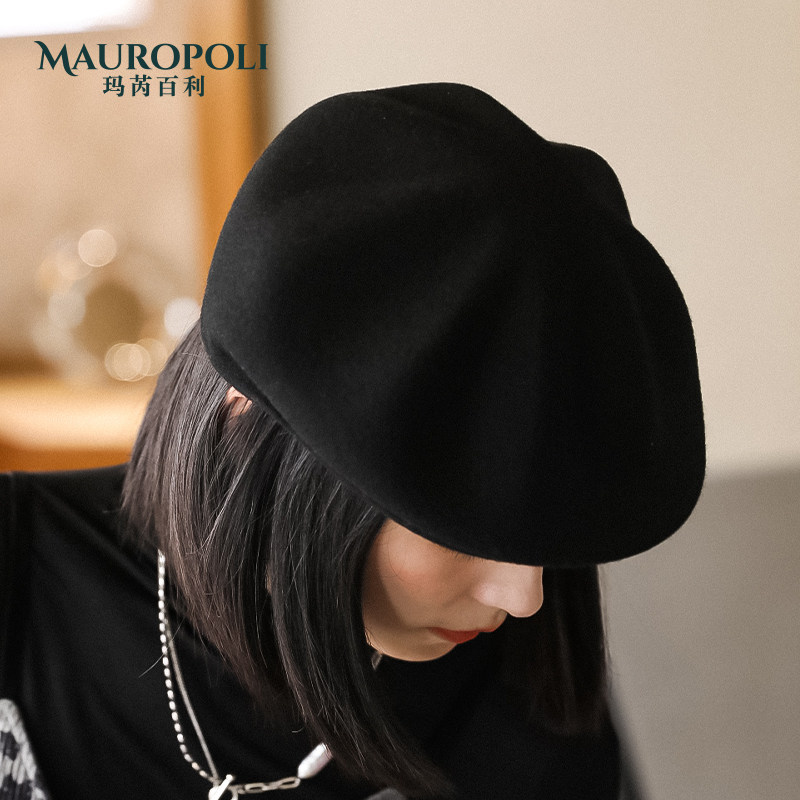 羊毛贝雷帽秋冬黑色复古优雅鸭舌帽 mauropoli帽子