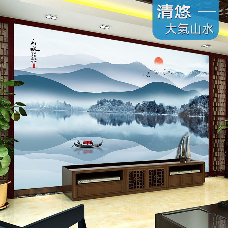 2024新款电视背景墙壁布3d立体壁画客厅新中式山水画墙布装饰壁纸-图3