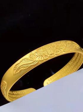越GJ-193南沙金开口福经手镯首饰黄铜心镀百金龙凤福字女士复古镯