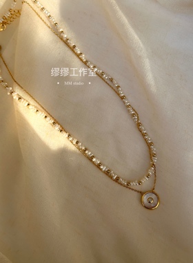 强光精致淡金色不规则天然淡水珍珠间隔14K包金锁骨链百搭项链