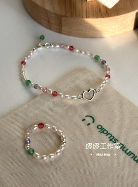 春心漾漾～原创设计小清新彩色天然珍珠串珠纯银手链甜美时尚百搭