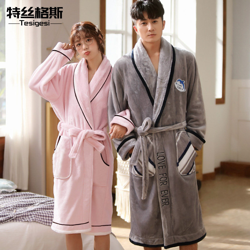 秋冬季情侣加长款法兰绒珊瑚绒睡衣 特丝格斯睡袍/浴袍