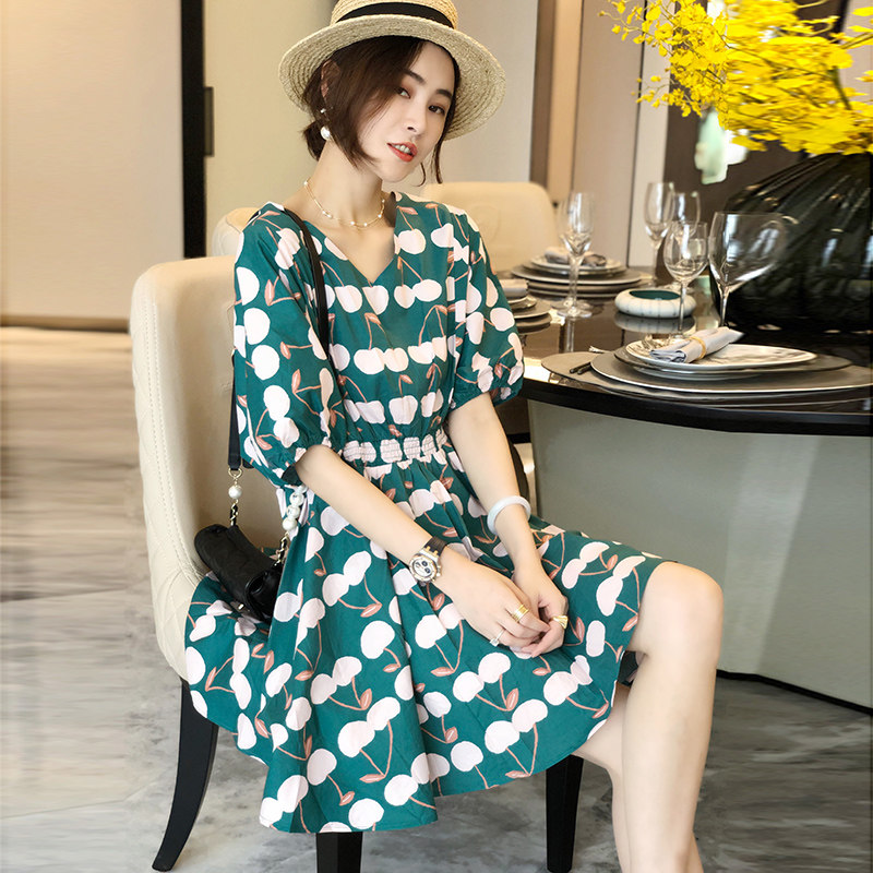 欧洲站樱桃碎花女2020夏新款连衣裙 哥雅宁特连衣裙