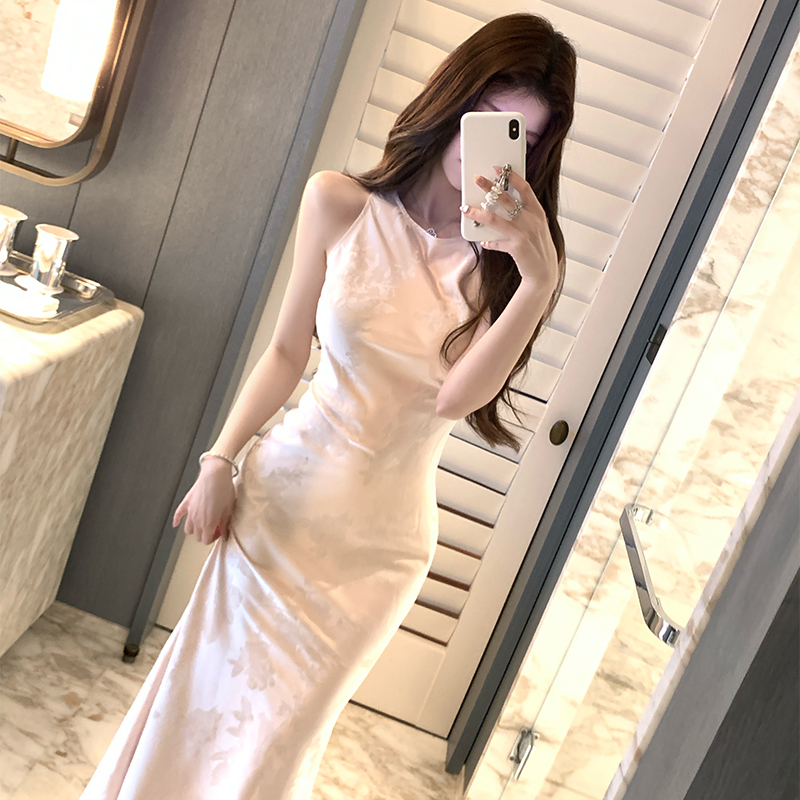 【Love at glance初桃粉】粉色新中式圆领长裙女收腰显瘦连衣裙 - 图1