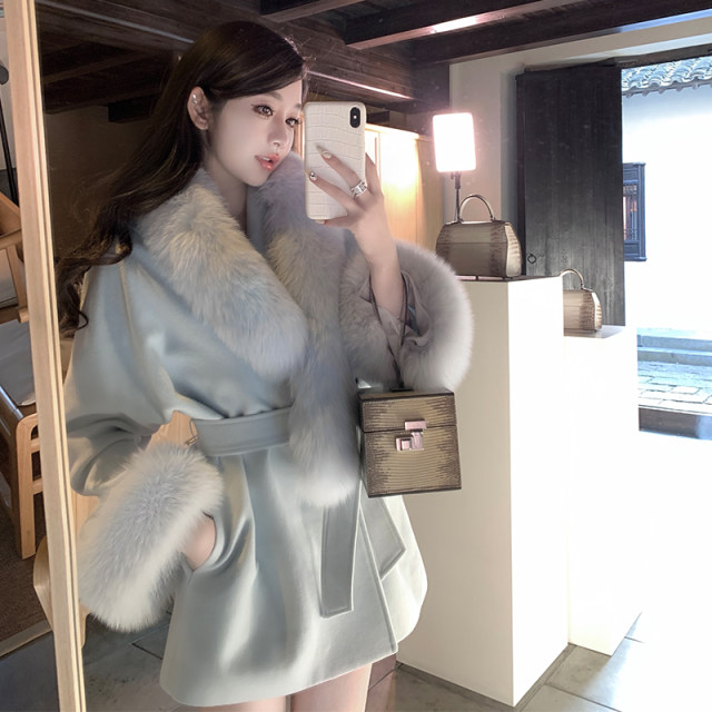 「少量现货」韩雨嘉毛呢外套女千金高级感毛领中长款收腰呢子大衣