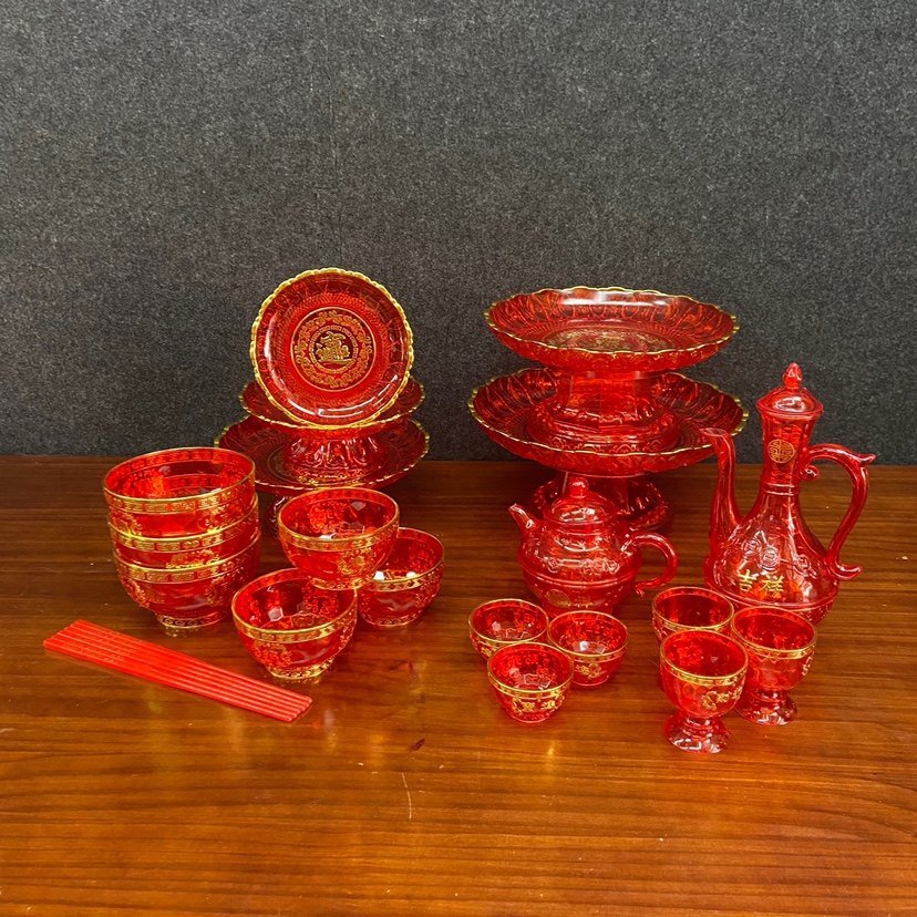 拜神礼佛茶酒杯红色水晶塑料高脚酒杯喜庆交杯酒酒壶茶壶碗筷全套,淘宝优惠券,粉丝福利购,淘宝优惠卷